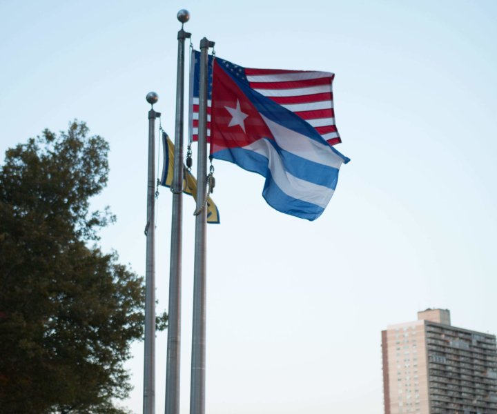 WEST NEW YORK , NJ 10/30/2018 HUMANS OF HUDSON COUNTY: In a park on Boulevard East, overlooking the New York skyline, stands a Cuban flag beside and American flag.