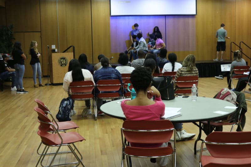 Montclair, NJ 11/1/18 First annual Community Relations Expo: At Student Center, Ballrooms Montclair State University, Students gather to ask police questions police excessive force. Photo by Tiffany Baskerville