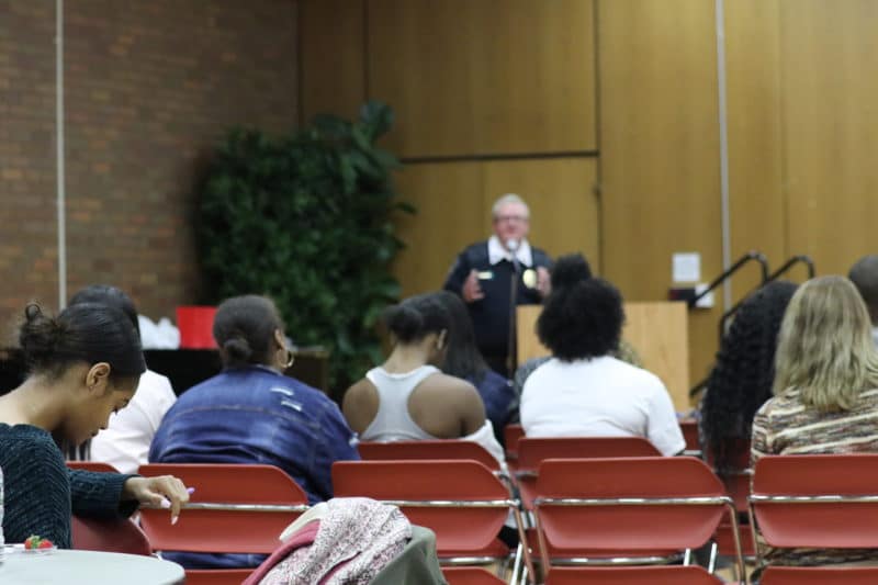 Montclair, NJ 11/1/18 First annual Community Relations Expo: At Student Center, Ballrooms Montclair State University, Students gather to ask police questions police excessive force. Photo by Tiffany Baskerville
