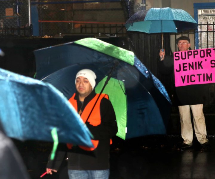 BRONX, NY  11/09/2018  HOATSON ADVOCATES AGAINST JENIK: As the crowd filters outside to begin their rally, Dr. Robert Hoatson stands across the street, peacefully advocating against Jenik.  Hoatson urges the group to support Meenan, whose life was significantly altered by the incident.
-Photo by Antonio Giancaspro